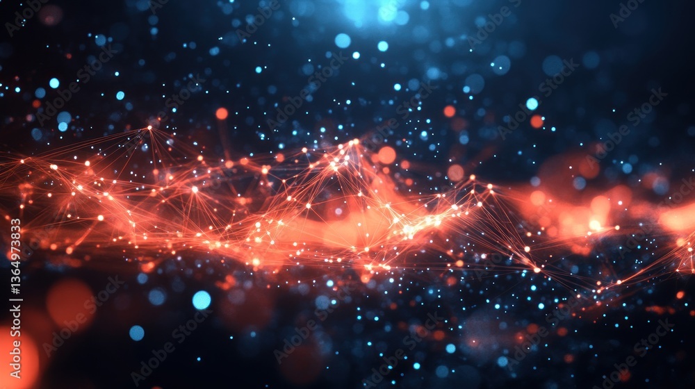 Poster abstract network connection background featuring dynamic orange lines and nodes against a deep blue 