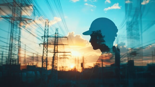 Silhouette of an electrical engineer double exposure wearing a hard hat superimposed over a power grid at sunset, symbolizing energy and electricity supply