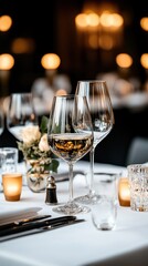 Elegant table setting with wine glasses, candles, and flowers