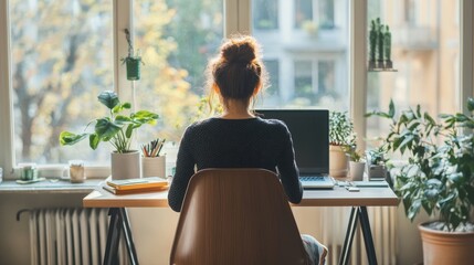 A woman sitting at her desk in a stylish, minimalist office. The desk features a laptop, a plant, and a few office supplies, 