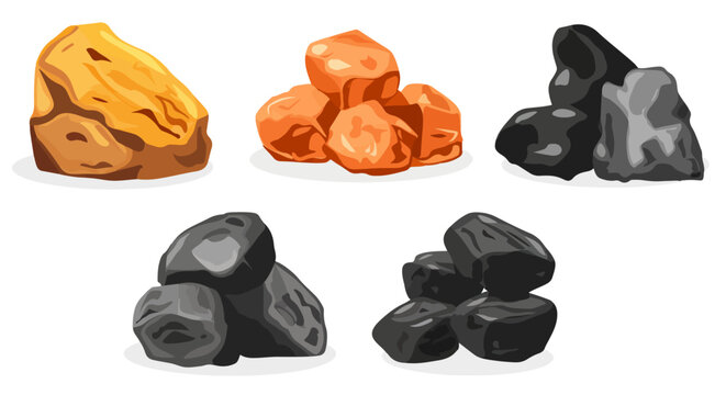 Clip art hand drawn simplistic illustration of different coals, minerals, stones or rocks set. Cartoon game art rocks and stones