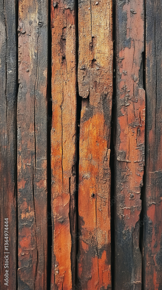Aufkleber close-up view of weathered, brown wooden planks showing texture, cracks, and discoloration, suggesti
