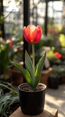 Red tulip in a pot, bathed in sunlight, inside a greenhouse