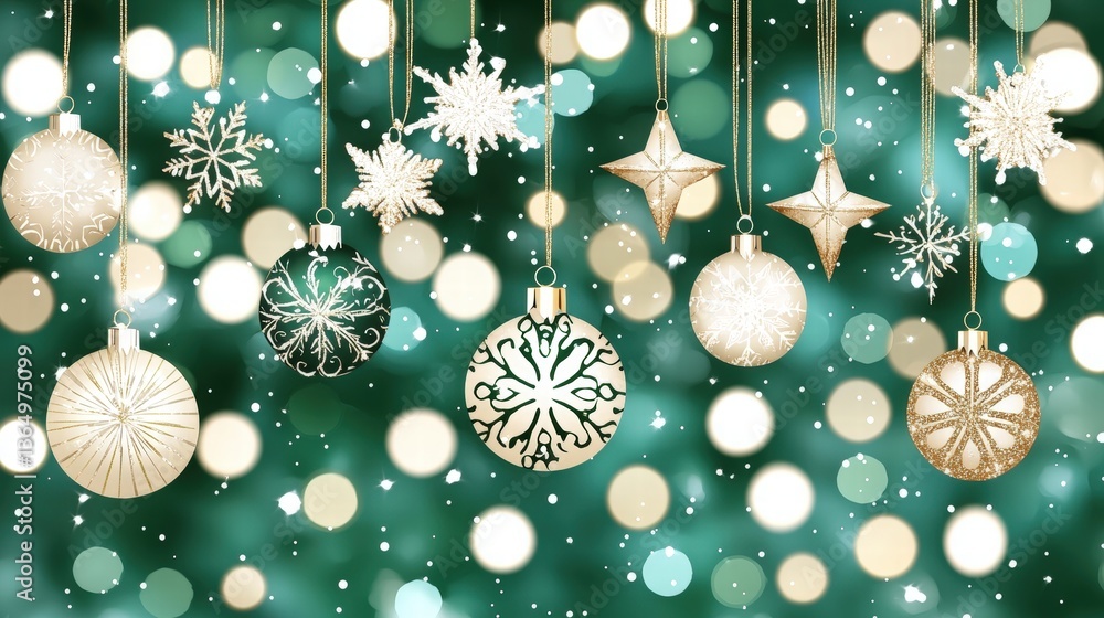 Poster a festive display of christmas ornaments elegantly hanging from a string creating a holiday atmosphe