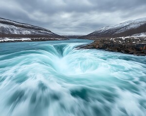 A vibrant swirling waterfall flowing into a natural rocky gorge