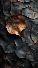 Cracked Dark Surface with a Partially Embedded Autumn Leaf