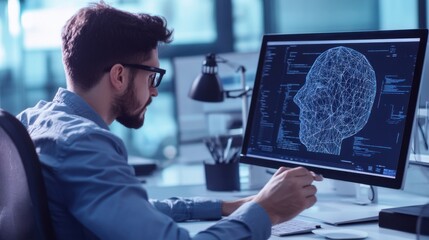 A machine learning developer working on facial recognition software, modern office with facial recognition algorithms and testing equipment visible, High-tech style