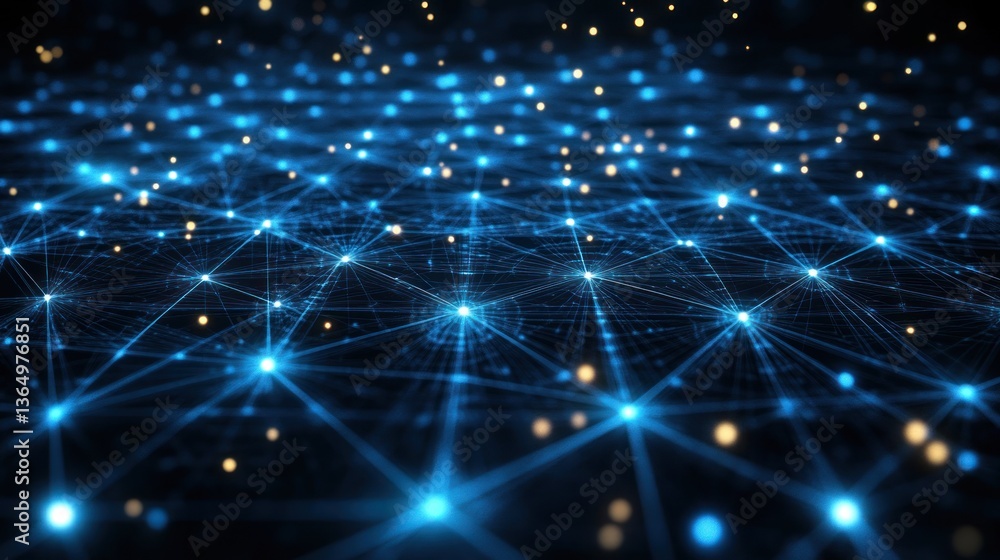 Poster interconnected nodes in a digital network illustrating data communication and technology infrastruct