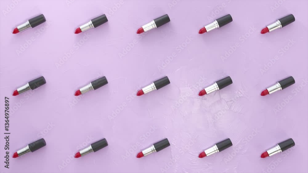 Poster rotating red lipsticks creating dynamic pattern against textured purple background, white paint stai
