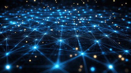 Naklejka premium interconnected nodes in a digital network illustrating data communication and technology infrastructure with blue and golden light particles