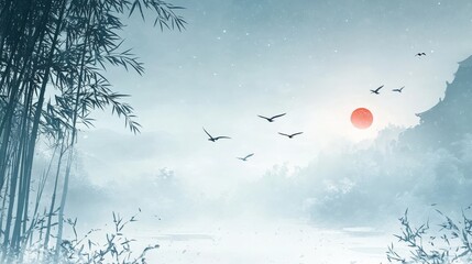 Winter Bamboo Landscape with Red Sun and Birds