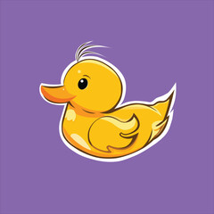 Orange cute duckling on purple background, 2D sticker. Vector illustration