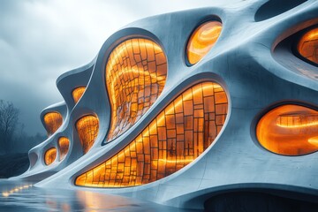 Fototapeta premium Futuristic Building With Geometric Design and Vibrant LED Lighting in an Urban Setting During Twilight
