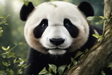 Obraz premium Stunning Close-Up Photography of a Playful Panda in Its Natural Habitat. Generative AI