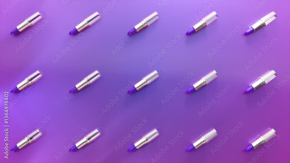 Poster multiple purple lipsticks rotate slightly on a gradient purple background, creating a visually appea