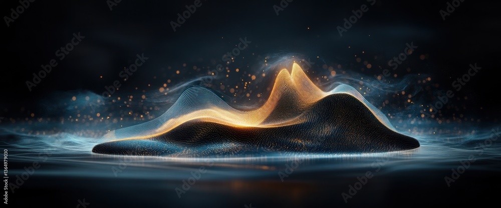Poster glowing, dark abstract landscape with smooth, undulating forms. sparkling particles float around it