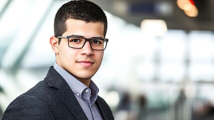 Fototapeta premium A young professional exuding confidence and intelligence in a modern setting, showcasing a sharp suit and stylish glasses with a softly blurred background.