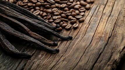 Earthy coffee beans with natural vanilla sticks in warm ambiance image
