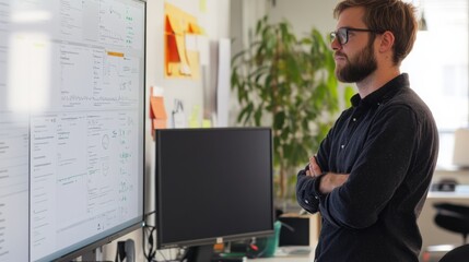 A machine learning engineer improving natural language processing models, tech office with NLP software and language datasets visible, High-tech style