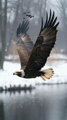 Fototapeta premium Majestic eagle in flight over snowy landscape