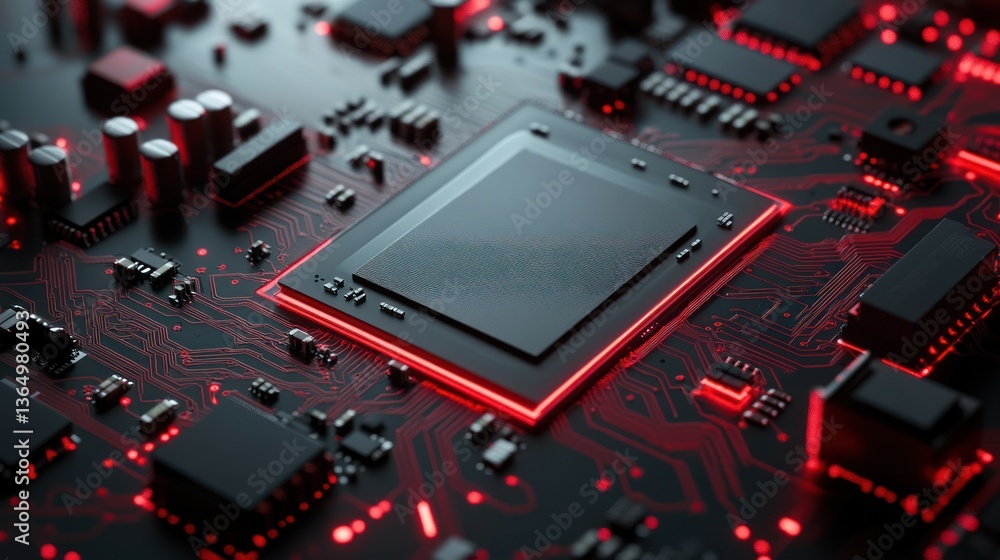 Poster circuit board with highlighted cpu, close up