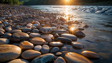 Fototapeta premium Smooth pebbles and textured stones line the blue shore where gentle waves meet the sandy beach