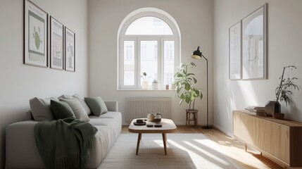 Modern minimalist living room with arched window, sunlight streaming in. Ideal for interior design inspiration