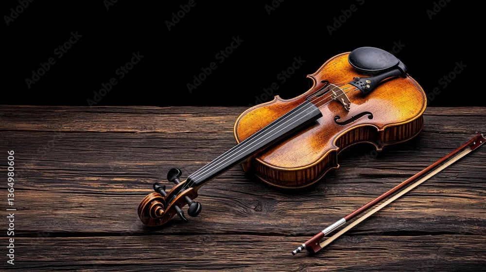 Poster close-up of a violin and bow displaying intricate details and craftsmanship on a polished surface