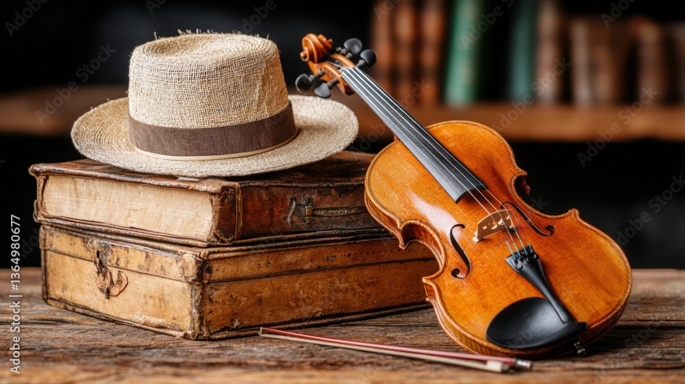 Poster classic violin placed next to a stylish hat on a rustic table creating a charming scene