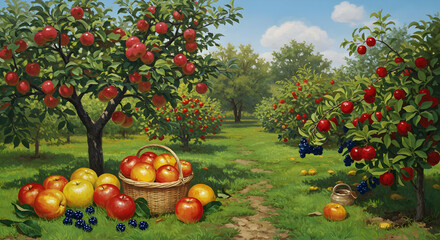 Colorful Apple Orchard Scene With Basket