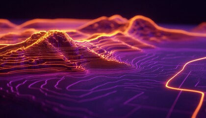 Abstract mountain landscape illuminated with vibrant orange and purple hues
