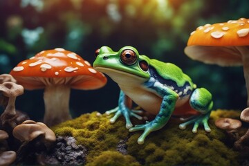Naklejka premium A brightly colored, trippy frog resting on a mushroom. Generative AI