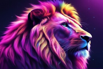 A Lion with a Stunning, Multicolored Rainbow Mane – A Creative Illustration. Generative AI