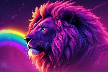 A Lion with a Stunning, Multicolored Rainbow Mane – A Creative Illustration. Generative AI