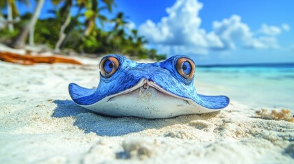 Blue ray on tropical beach.  Big eyes, curious gaze