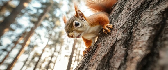 Fototapeta premium Adorable red squirrel climbing a tree in a sunlit forest