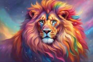 An illustration of a lion with a vibrant, multicolored rainbow mane. Generative AI