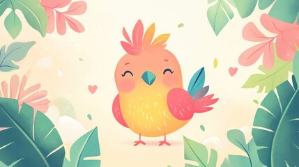 Fototapeta premium Cute bird among tropical leaves, joyful expression, background for children's content