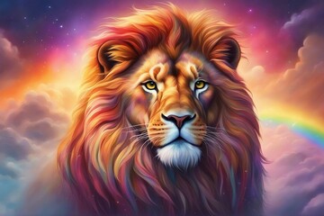 An illustration of a lion with a vibrant, multicolored rainbow mane. Generative AI