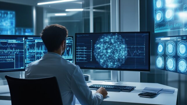 A machine learning engineer training AI models for predictive healthcare, medical office with AI-driven health data and diagnostic tools visible, High-tech style