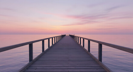 Peaceful Wooden Pier At Sunrise Over Calm Ocean