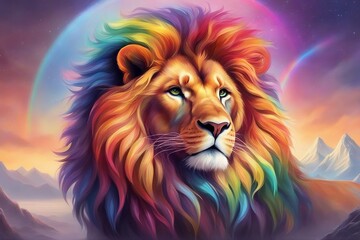 An illustration of a lion with a vibrant, multicolored rainbow mane. Generative AI