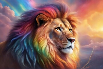 An illustration of a lion with a vibrant, multicolored rainbow mane. Generative AI