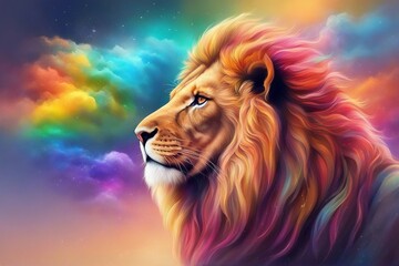 An illustration of a lion with a vibrant, multicolored rainbow mane. Generative AI