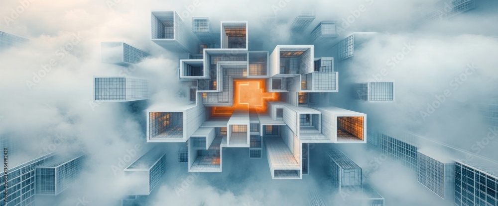 Poster abstract aerial view of a cluster of interconnected, white cubic structures in the clouds, with an o