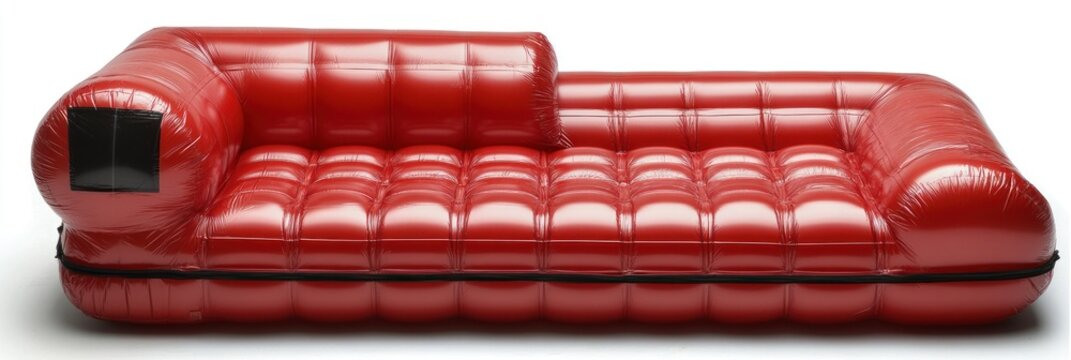 Red inflatable couch with tufted design and integrated headrest