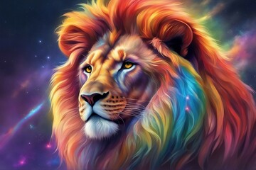 An illustration of a lion with a vibrant, multicolored rainbow mane. Generative AI
