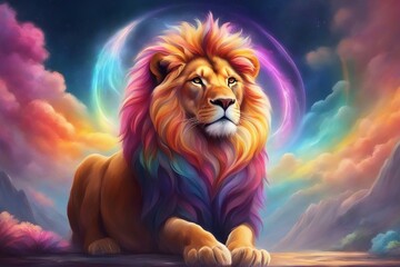 An illustration of a lion with a vibrant, multicolored rainbow mane. Generative AI