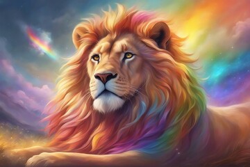 An illustration of a lion with a vibrant, multicolored rainbow mane. Generative AI