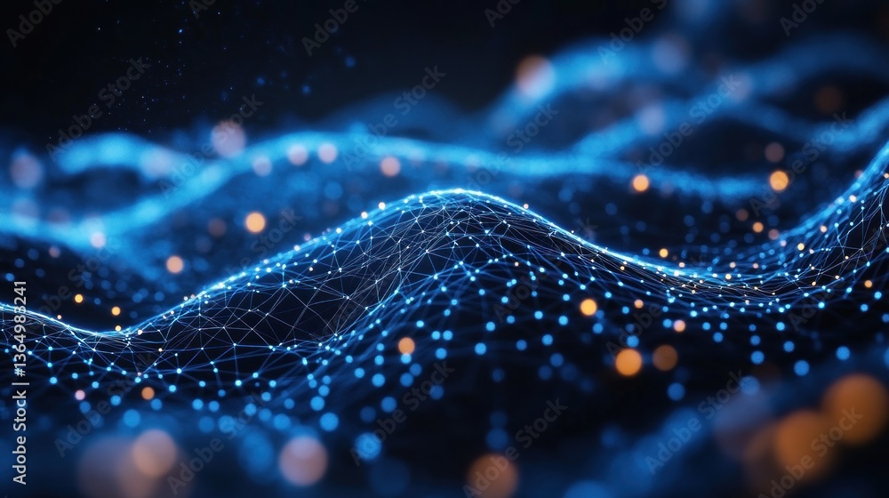 Poster abstract technology network with glowing nodes and interconnected lines creating a futuristic digita